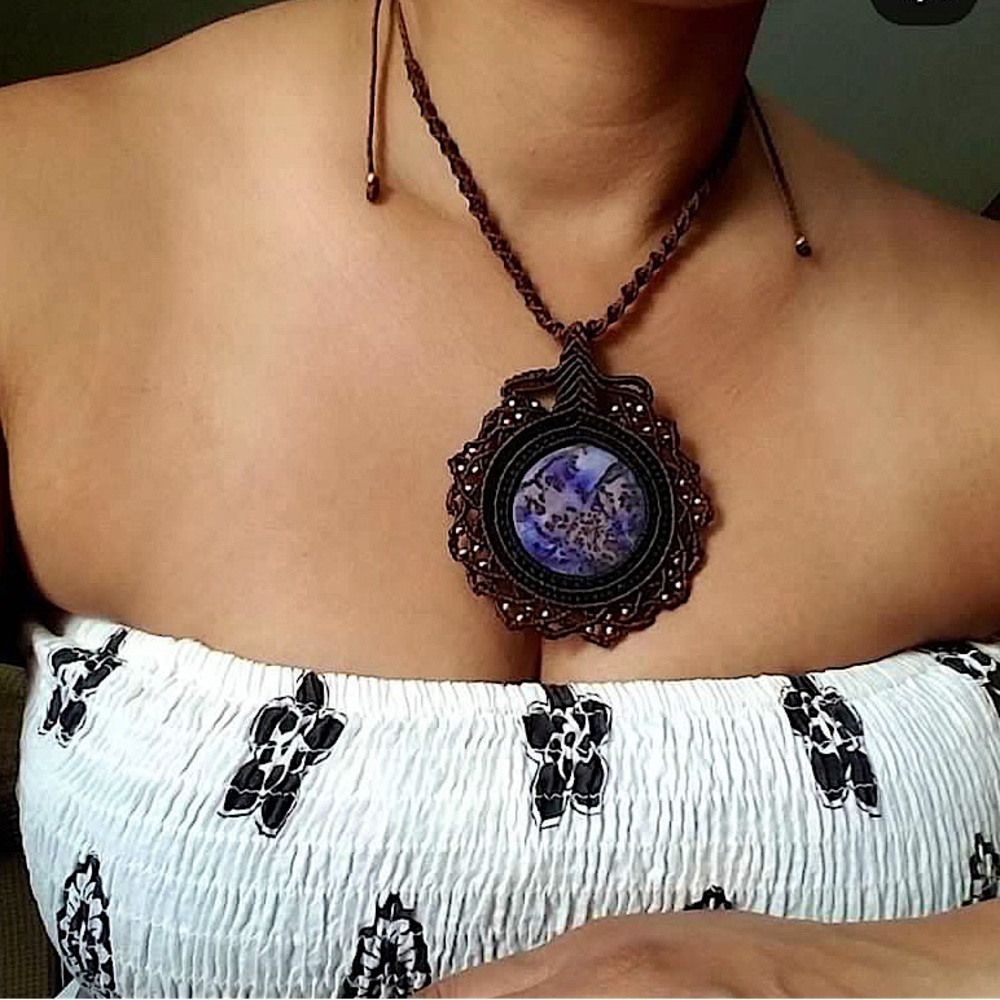 Handmade Macrame Dendritic Blue Agate Necklace
